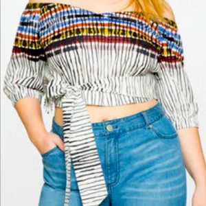 Eloquii printed off the shoulder tie waist top